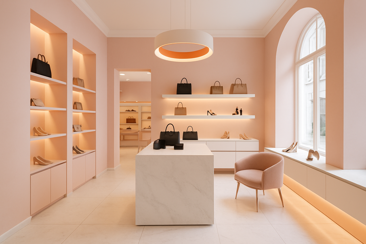 Une boutique élégante avec des couleurs rose blanc orange 